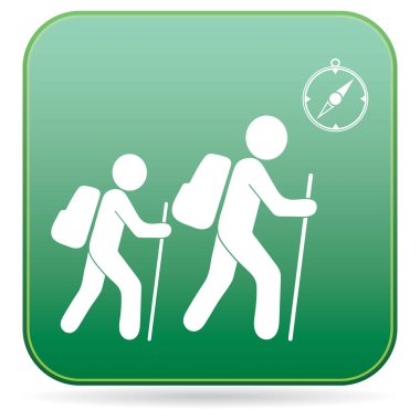 Pusula simgesini turistlerle hiking. Vektör illustratio