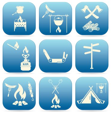 Seyahat ve kamp ekipmanları simgeler kümesi. Vektör çizim