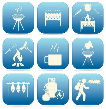 Seyahat ve kamp ekipmanları simgeler kümesi. Vektör çizim