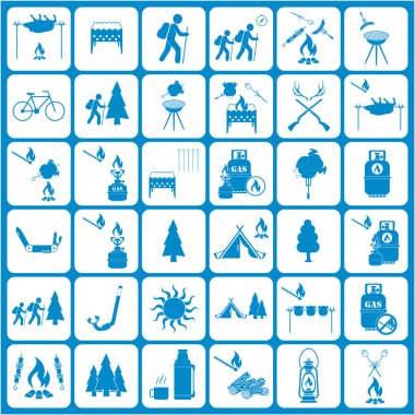 Seyahat ve kamp ekipmanları simgeler kümesi. Vektör çizim 