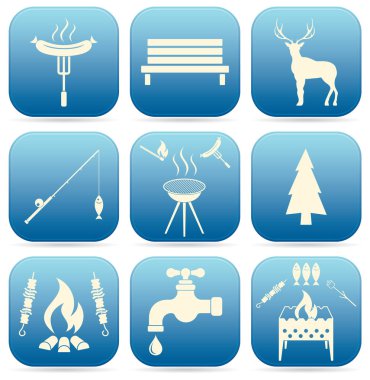 Seyahat ve kamp ekipmanları simgeler kümesi. Vektör çizim