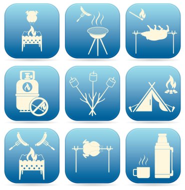 Seyahat ve kamp ekipmanları simgeler kümesi. Vektör çizim