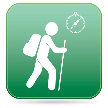 Pusula simgesini turistlerle hiking. Vektör illustratio