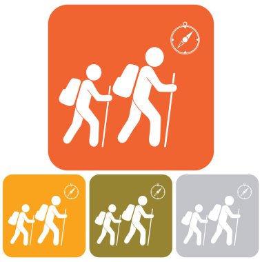 Pusula simgesini turistlerle hiking. Vektör illustratio