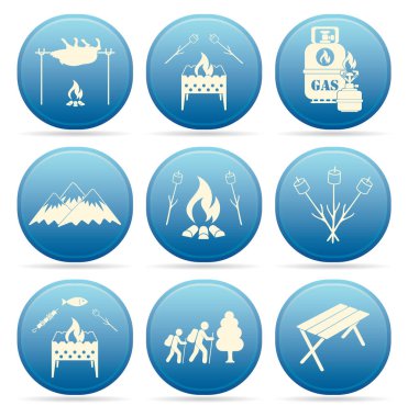 Seyahat ve kamp ekipmanları simgeler kümesi. Vektör çizim