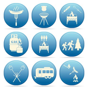 Seyahat ve kamp ekipmanları simgeler kümesi. Vektör çizim