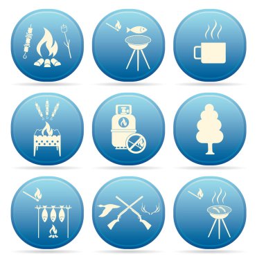 Seyahat ve kamp ekipmanları simgeler kümesi. Vektör çizim