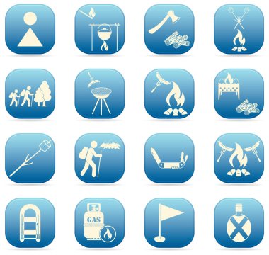 Seyahat ve kamp ekipmanları simgeler kümesi. Vektör çizim