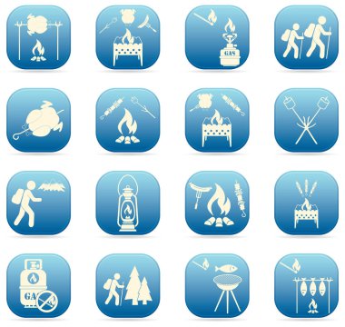 Seyahat ve kamp ekipmanları simgeler kümesi. Vektör çizim