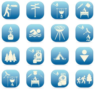 Seyahat ve kamp ekipmanları simgeler kümesi. Vektör çizim