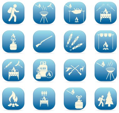 Seyahat ve kamp ekipmanları simgeler kümesi. Vektör çizim