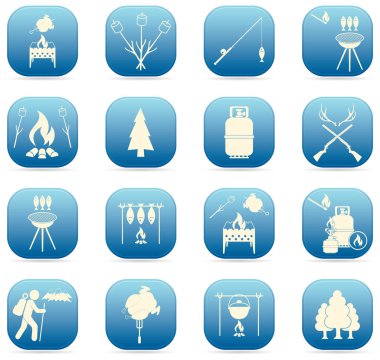 Seyahat ve kamp ekipmanları simgeler kümesi. Vektör çizim