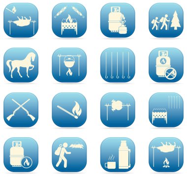 Seyahat ve kamp ekipmanları simgeler kümesi. Vektör çizim