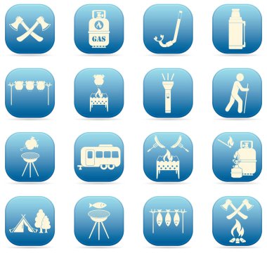 Seyahat ve kamp ekipmanları simgeler kümesi. Vektör çizim