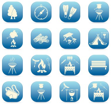 Seyahat ve kamp ekipmanları simgeler kümesi. Vektör çizim