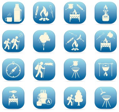 Seyahat ve kamp ekipmanları simgeler kümesi. Vektör çizim