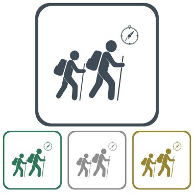 Pusula simgesini turistlerle hiking. Vektör illustratio