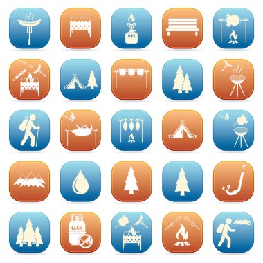 Seyahat ve kamp ekipmanları simgeler kümesi. Vektör çizim