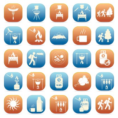 Seyahat ve kamp ekipmanları simgeler kümesi. Vektör çizim