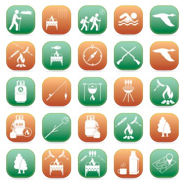 Seyahat ve kamp ekipmanları simgeler kümesi. Vektör çizim