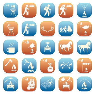 Seyahat ve kamp ekipmanları simgeler kümesi. Vektör çizim