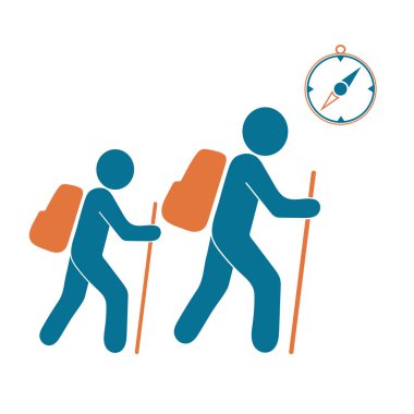Pusula simgesini turistlerle hiking. Vektör illustratio