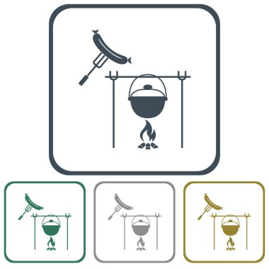 Yangın, pot ve sosis simgesi. Vektör çizim