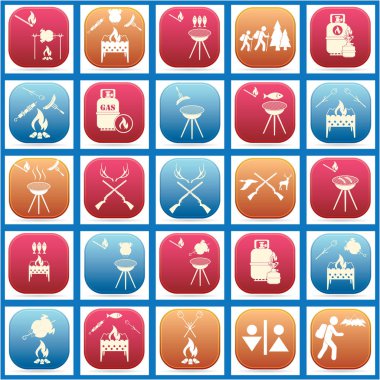 Seyahat ve kamp ekipmanları simgeler kümesi. Vektör çizim