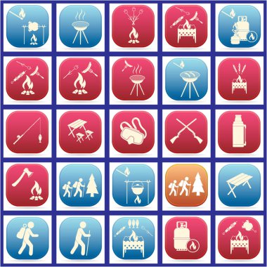 Seyahat ve kamp ekipmanları simgeler kümesi. Vektör çizim