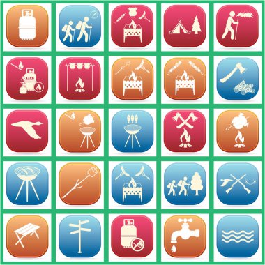 Seyahat ve kamp ekipmanları simgeler kümesi. Vektör çizim