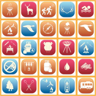 Seyahat ve kamp ekipmanları simgeler kümesi. Vektör çizim