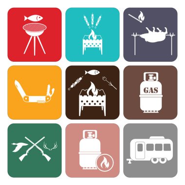 Kamp ekipmanları simgeler kümesi. Vektör çizim