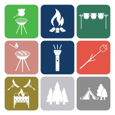Kamp ekipmanları simgeler kümesi. Vektör çizim