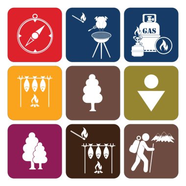 Kamp ekipmanları simgeler kümesi. Vektör çizim