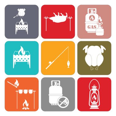 Kamp ekipmanları simgeler kümesi. Vektör çizim