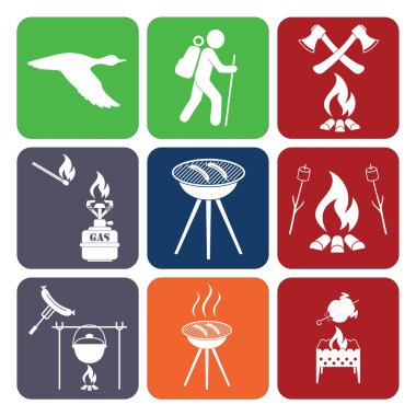 Kamp ekipmanları simgeler kümesi. Vektör çizim