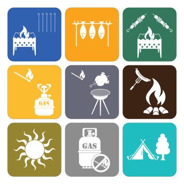 Kamp ekipmanları simgeler kümesi. Vektör çizim