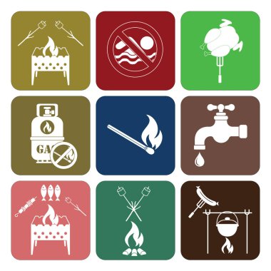 Kamp ekipmanları simgeler kümesi. Vektör çizim