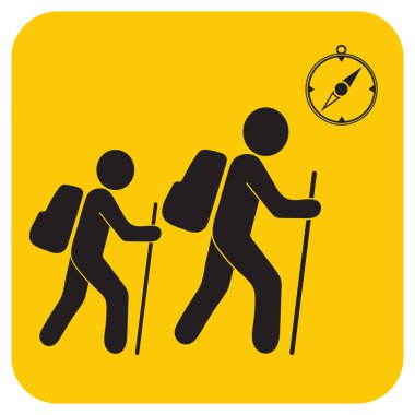 Pusula simgesini turistlerle hiking. Vektör illustratio