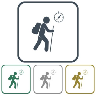 Pusula simgesini turistlerle hiking. Vektör illustratio