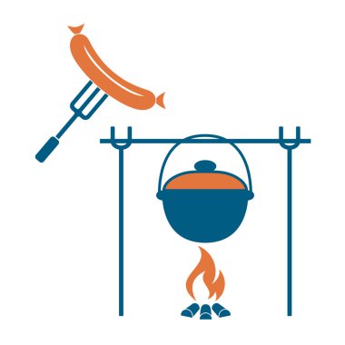 Yangın, pot ve sosis simgesi. Vektör çizim