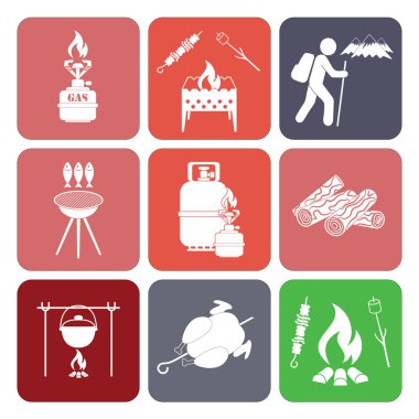 Kamp ekipmanları simgeler kümesi. Vektör çizim