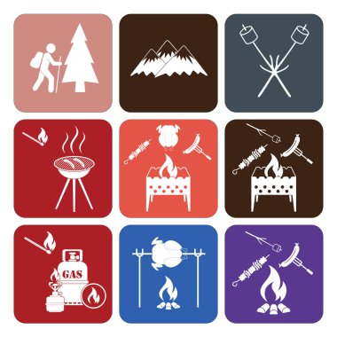 Kamp ekipmanları simgeler kümesi. Vektör çizim