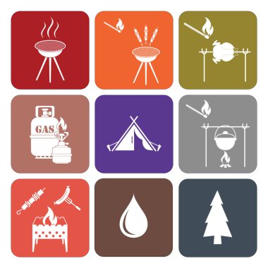 Kamp ekipmanları simgeler kümesi. Vektör çizim