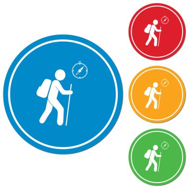 Pusula simgesini turistlerle hiking. Vektör illustratio