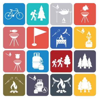 Kamp ekipmanları simgeler kümesi. Vektör çizim