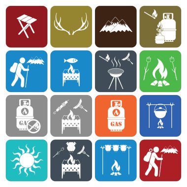 Kamp ekipmanları simgeler kümesi. Vektör çizim