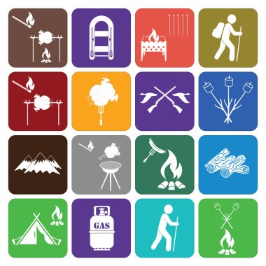 Kamp ekipmanları simgeler kümesi. Vektör çizim