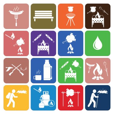 Kamp ekipmanları simgeler kümesi. Vektör çizim