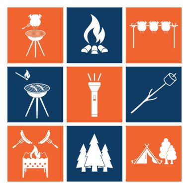 Kamp ekipmanları simgeler kümesi. Vektör çizim